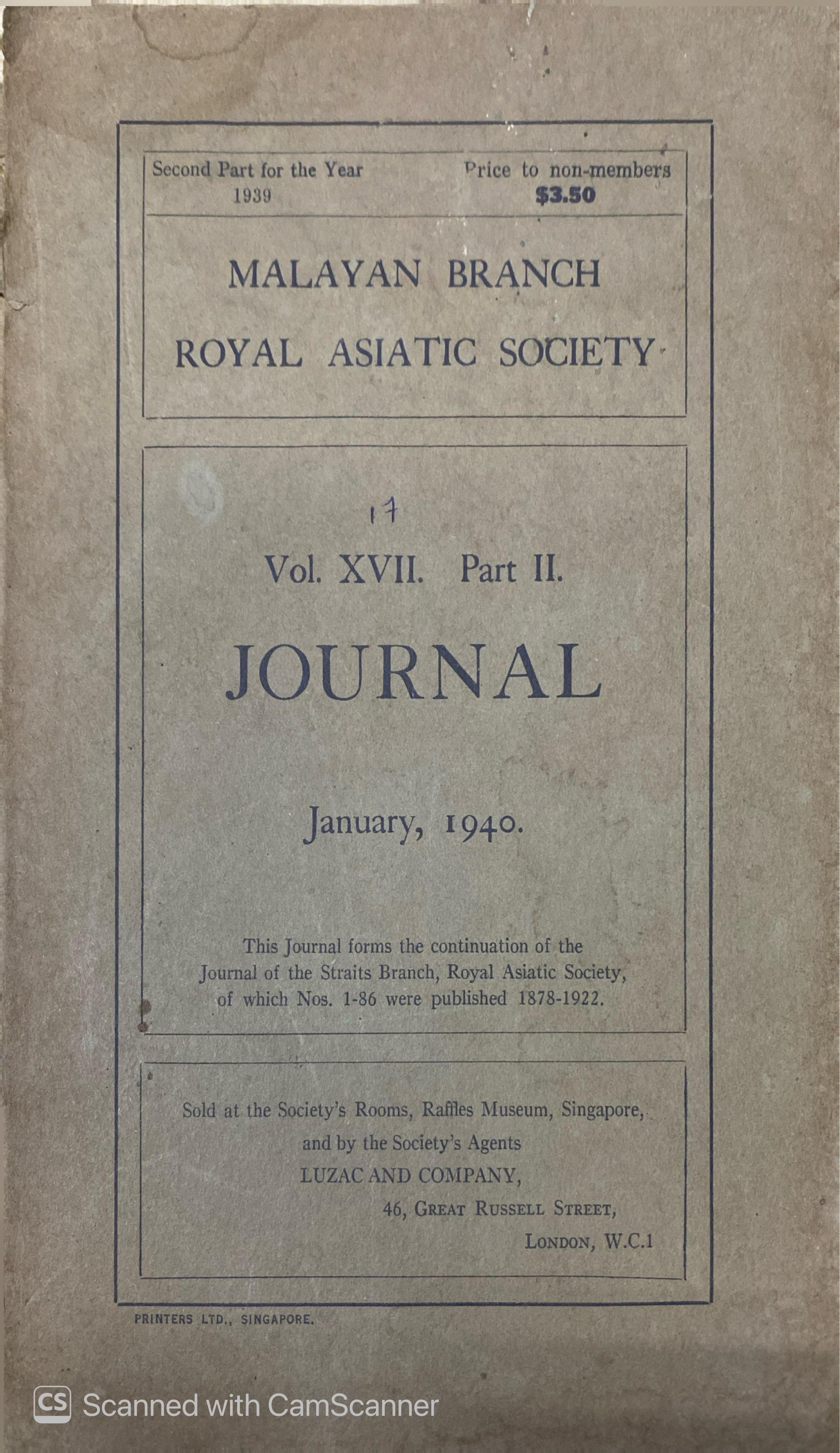 MALAYAN BRANCH ROYAL ASIATIC SOCIETY VOL. XVII. PART II (JANUARY 1940)
